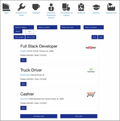 Screenshot of a Job Board homepage