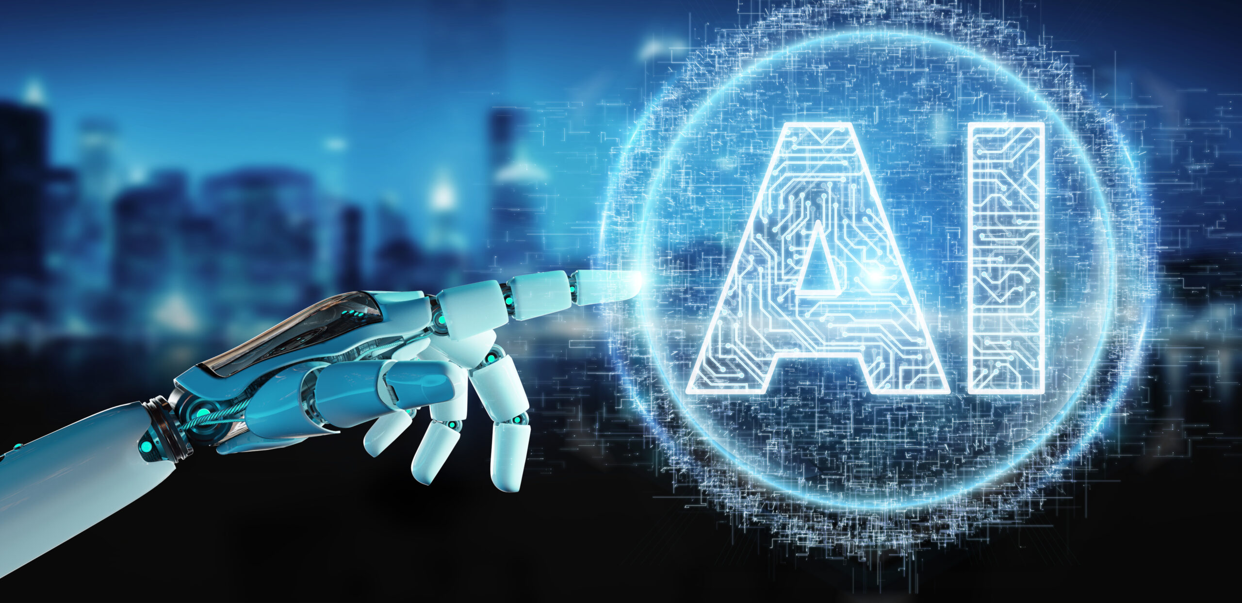 White humanoid hand on blurred background using digital artificial intelligence icon hologram 3D rendering